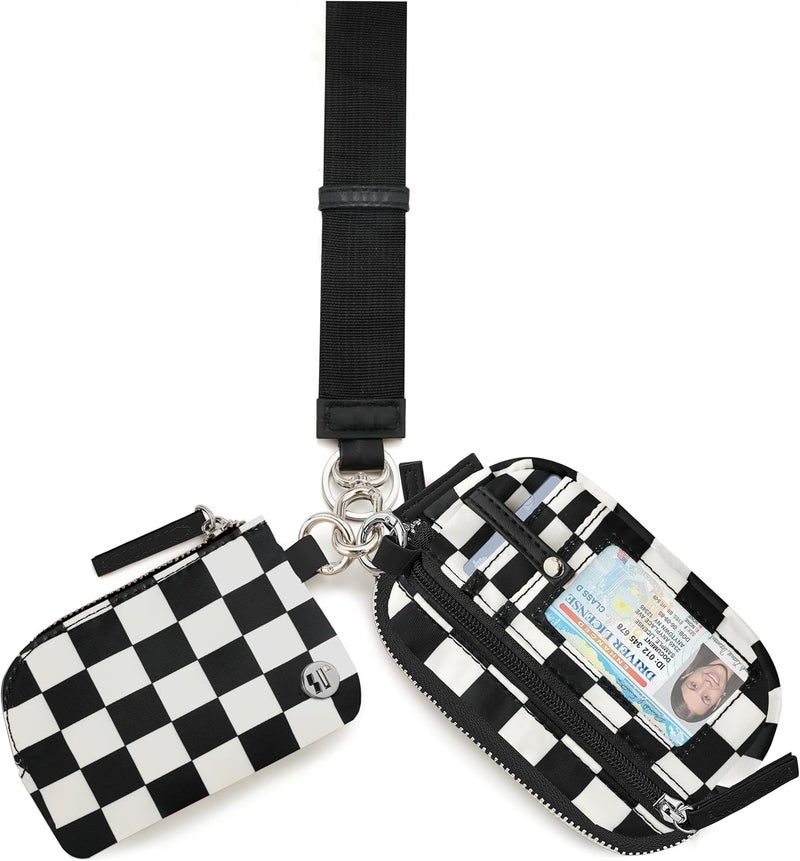 Sunpour Store Nylon Wristlet Checkered Wallets, Dual Pouch Keychain Wristlet Wallet, RFID Small Wallet With Coin Pouch,ID Window For Travel (Black+White) - Image 1